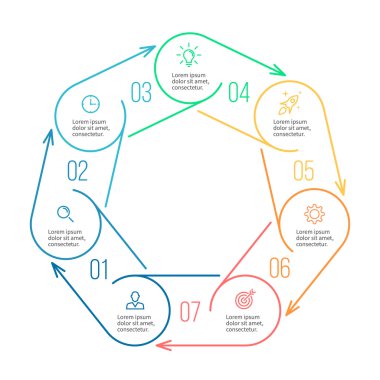 Yedigen infographics için. Minimalist grafik, diyagram 7 adımlar, parçaları ile.