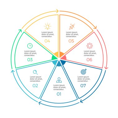 Doğrusal infographics. Pasta grafik, diyagram 7 adımlar, seçenekleri ile.
