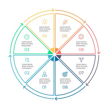 Doğrusal infographics. Pasta grafik, diyagram 8 adımlar, seçenekleri ile.