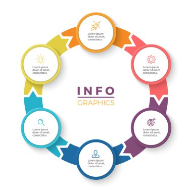 İnfographics için dairesel ok. Diyagram 6 adımları, seçenekleri, parça.