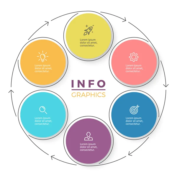 Infográficos de seis passos com setas. Elemento de projeto vetorial . — Vetor de Stock