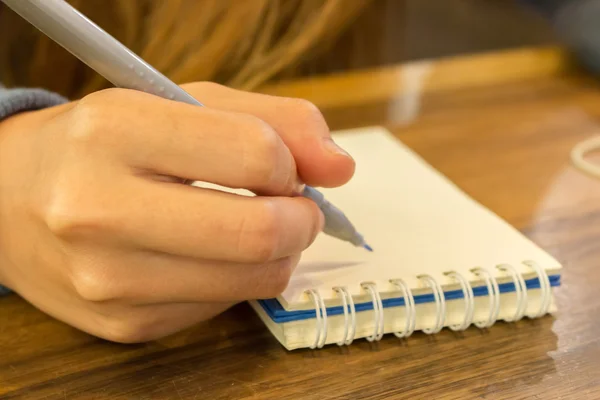 Žena ruce s perem psaní na notebook — Stock fotografie