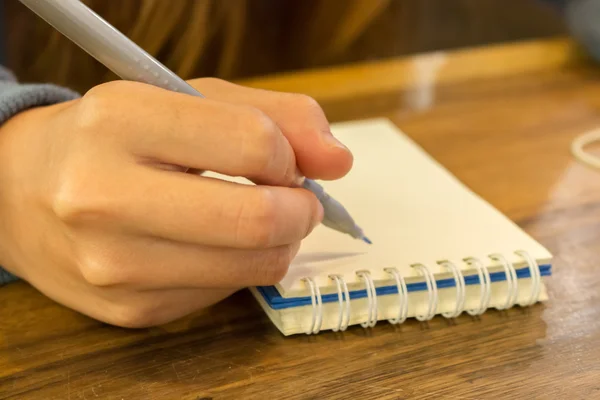 Žena ruce s perem psaní na notebook — Stock fotografie