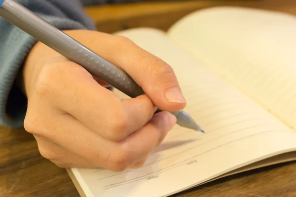 Žena ruce s perem psaní na notebook — Stock fotografie