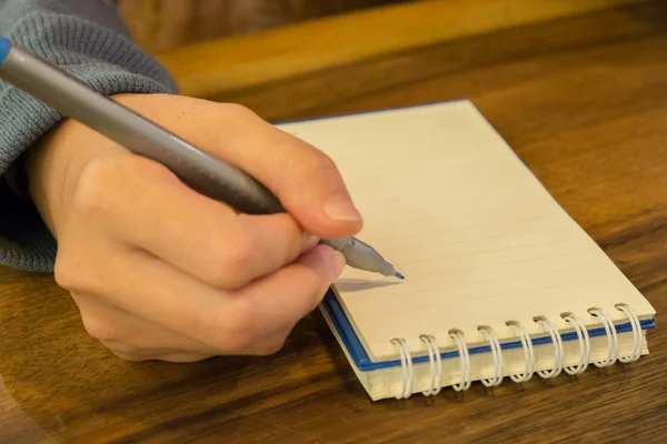 Žena ruce s perem psaní na notebook — Stock fotografie