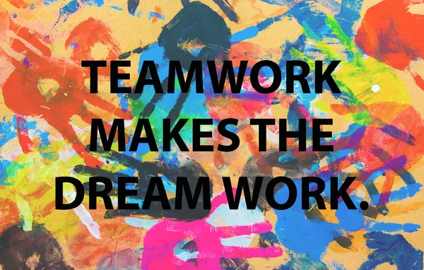 Teamwork quote concept on colorful hand background