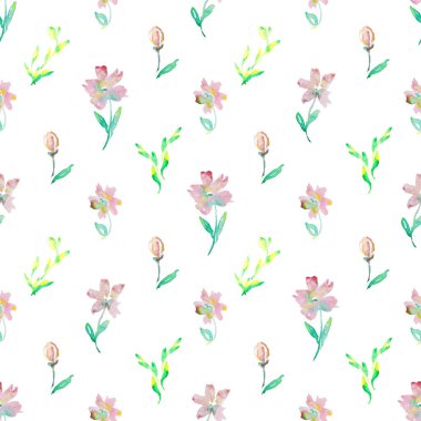 Çiçeksiz, suluboya pembe çiçek desenli botanik. Elle boyanmış narin çiçekler, tomurcuklar, beyaz arka plana saçılmış yeşil yapraklar. Bahar tekstili, düğün davetiyeleri, kadın dekorasyonu için mükemmel.