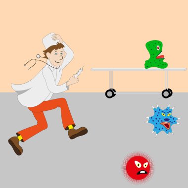 Vektör çizim karikatür şirin doktor bir şırınga ile
