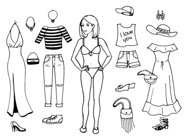 Bir kız giysileri sette vektör çizim