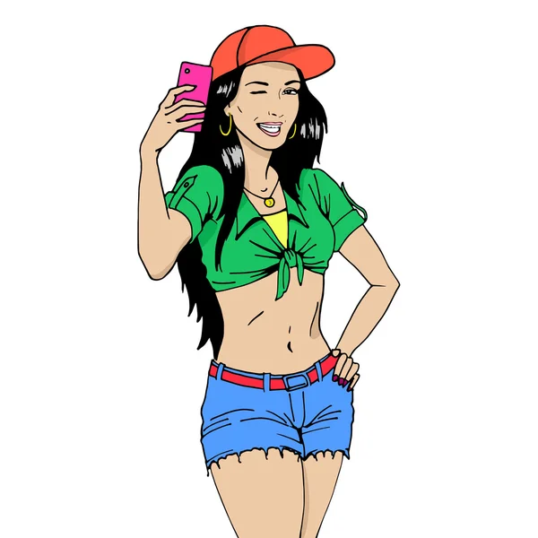 Hermosa chica haciendo selfie — Vector de stock