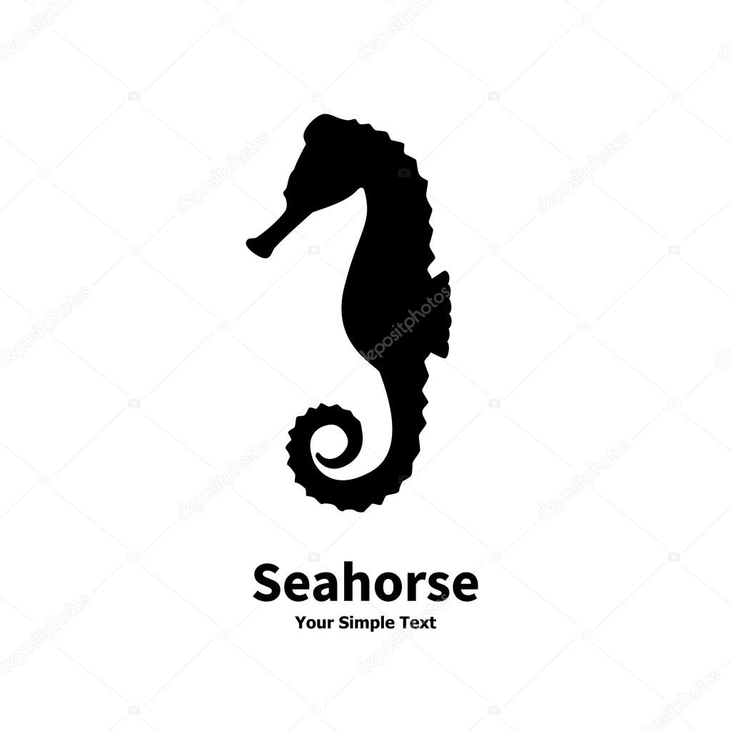 Vector illustration of black silhouette of a sea horse isolated on white background. Seahorse side view profile.