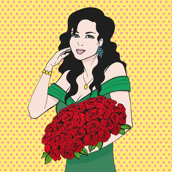 Mujer feliz sosteniendo una flor de rosa manos — Archivo Imágenes Vectoriales