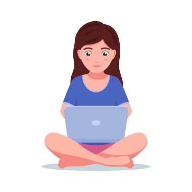 Dizüstü bilgisayarıyla oturan kız.