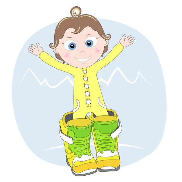 Niño en botas de snowbourd grandes — Vector de stock