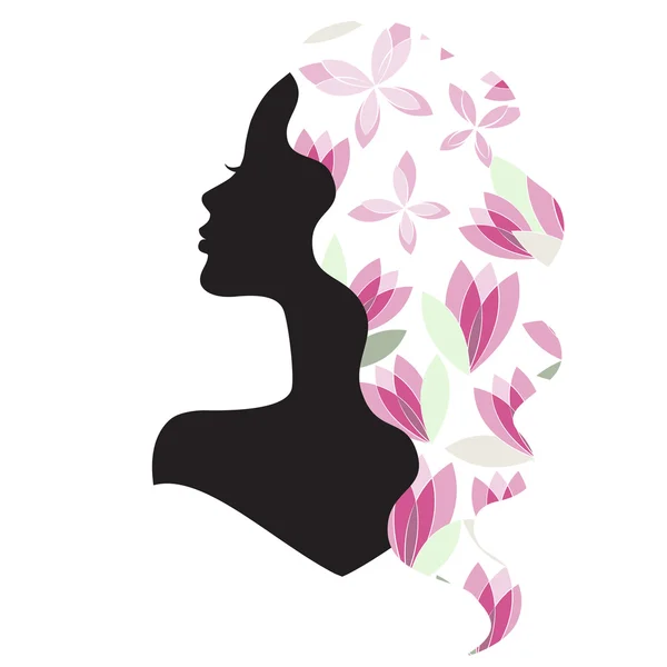 Silueta de niña con hermoso pelo y flores — Vector de stock