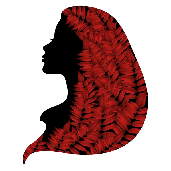 浪漫的女人剪影与秋天叶子在她的头发 — 图库矢量图片