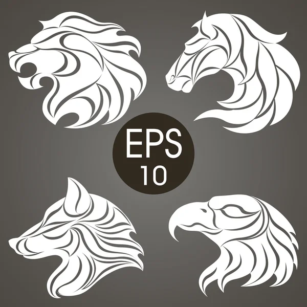 Koleksi desain logo hewan. Lambang binatang. Singa, Kuda, Elang, Serigala - Stok Vektor