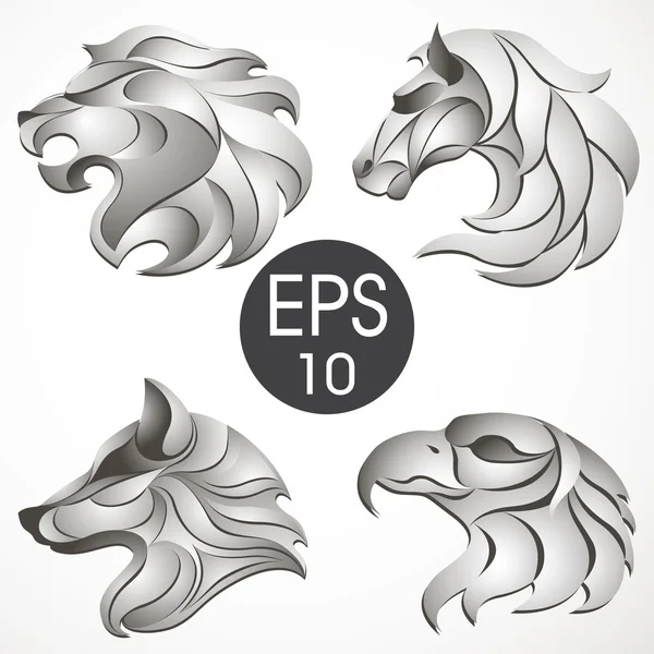 Koleksi desain logo hewan. Set Hewan. Singa, Kuda, Elang, Serigala - Stok Vektor