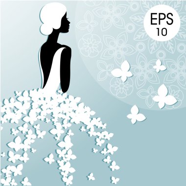 Vektör moda çizim kelebekler ile genç bir gelin. Gelin duş. Düğün davetiyesi