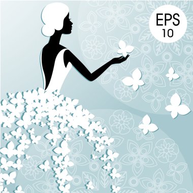 Vektör moda çizim kelebekler ile genç bir gelin. Gelin duş. Düğün davetiyesi