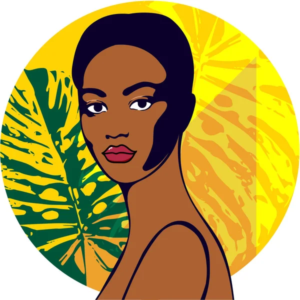 Pop art afro americano volto femminile. Giovane donna di colore. Illustrazione luminosa vettoriale in stile pop art. — Vettoriale Stock