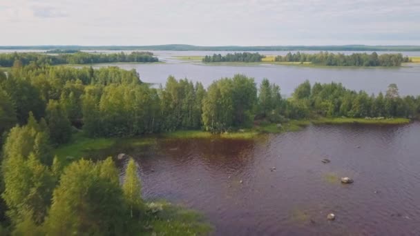 Вид с воздуха на берег озера в Карелии, Россия. — стоковое видео