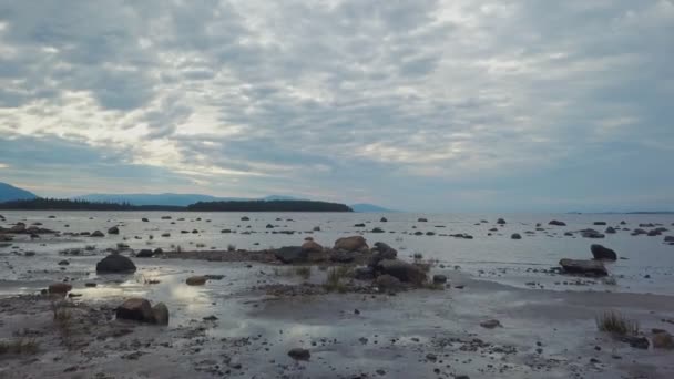 ロシアの干潮時に白い海の海岸の空中ビュー。水の中の岩を飛び越える. — ストック動画