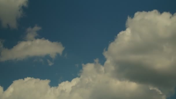 Dikke Witte Wolken Zweven Blauwe Zomerhemel Tijdsverloop Zonnig — Stockvideo