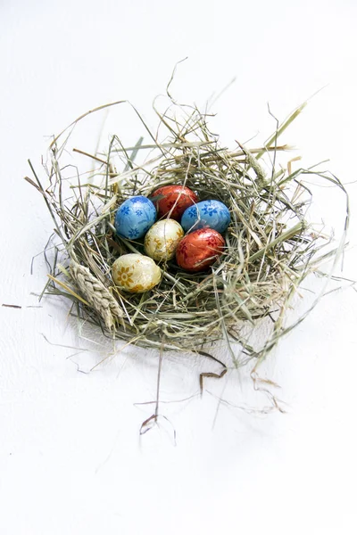 Paskalya yortusu yumurta bir kase ve saman.