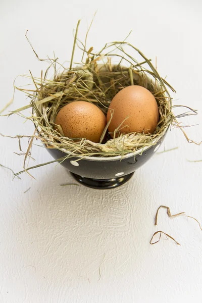 Paskalya yortusu yumurta bir kase ve saman.