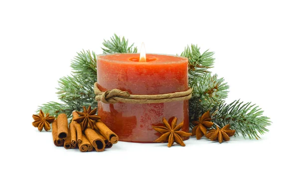 Christmas Composition Branches Christmas Tree Hoarfrost Spices Cinnamon Anise Candle Stock Image