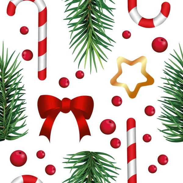 弓と明るい果実を持つクリスマスツリー ホリーベリー キャンディーと冬のシームレスなベクトルパターン クリスマスの背景 パターンの塗りつぶし 表面のテクスチャ ファブリックプリントのために 第十話 — ストックベクタ