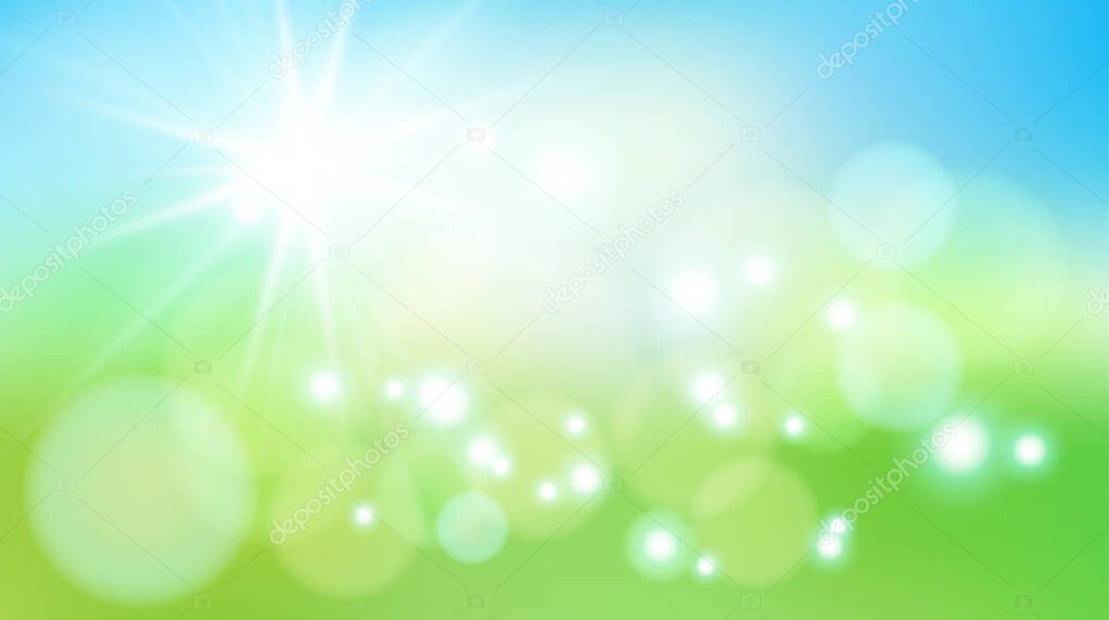 Blue sky and sun. Blur Design With Burst Rays. Shining Background. Abstract sunlight blurred blue sky background with bokeh lights effect and copy space. Eps10