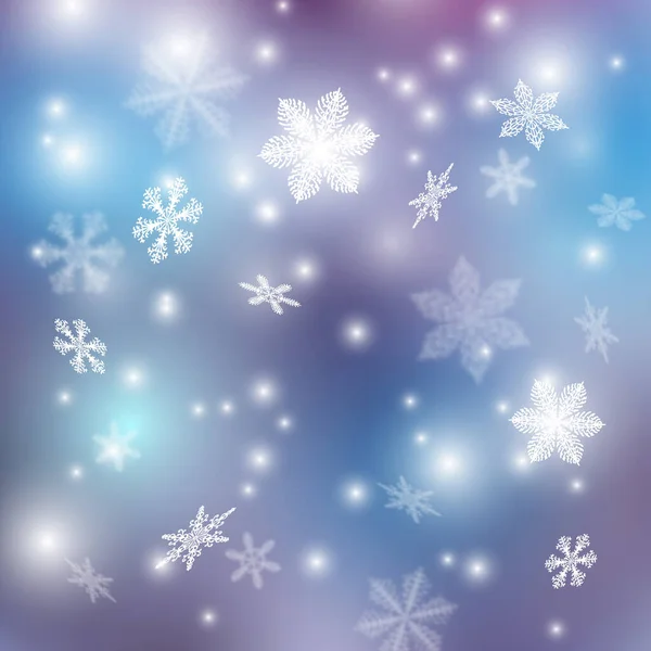 青い背景に雪の結晶が降る冬のクリスマスの背景 コピースペースとデザインの背景 冬の銀雪のフレーク クリスマスの背景 — ストック写真