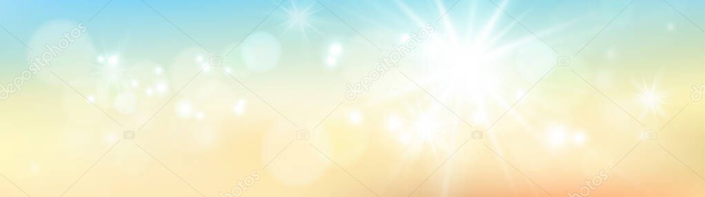 Sunny blurred blue sky. skies clouds with sun. Bright sunshiny day, cloudy weather. Sunlight background. sunshine sun, summer weather sky. Panorama.