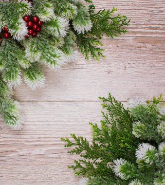 Çam ve kırmızı böğürtlen kaplı kar. Yeni yıl. Ahşap arka planda Noel sınır tasarımı. Noel ağacı dalları. Köknar ağacı dalları ve Noel süsleri ahşap arka planda. Boşluğu kopyala.