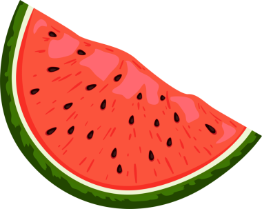 Karpuz çizimi. Şeffaf karpuz dilimi, png. Kırmızı karpuz simgesi, kırmızı pembe et çizgi film stilini gösteriyor, düz Summer dekor, tropik, orman