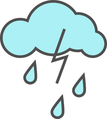 Soğuk tek hava ikonunun bir örneği. Şiddetli yağış ve karanlık gökyüzünde yıldırımlar olan bulut. Bulut ve şimşek ikonu. Meteoroloji ikonu, şimşek, fırtına illüstrasyonu, png
