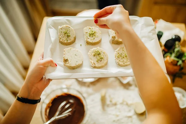 Housewife Making Finishing Touches Vanilla Pistachio Cookie Biscuits Woman Making Stock Image