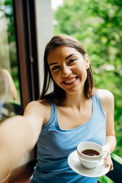 Smiling Young Woman Taking Selfie Smartphone Camera Making Video Call — 스톡 사진