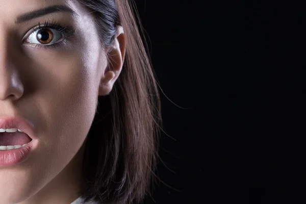 Excited woman looking surprised and amazed,speechless with mouth open.Young woman excited,overwhelmed,shocked, or terrified.Eureka moment concept.Shocked woman isolated on black background — 스톡 사진