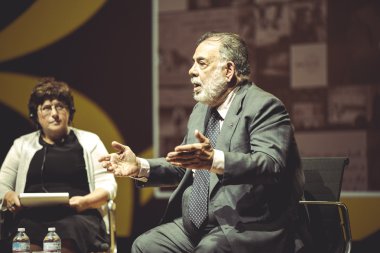 MILANO,ITALY- 26.10.2015.Francis Ford Copolla at the media conference during EXPO Milano 2015.Francis for Copolla famous director,especially for Godfather movies.Talking and answering questions