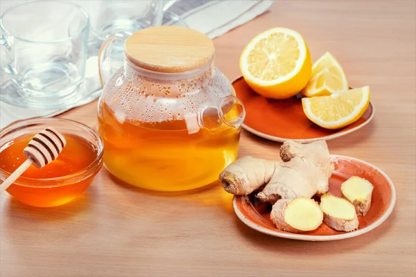 Ginger tea with honey and lemon.