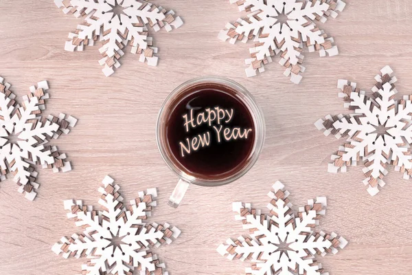 Gelukkig Nieuwjaar Tekening Zwarte Koffiekop Decoratief Houten Tafel — Stockfoto