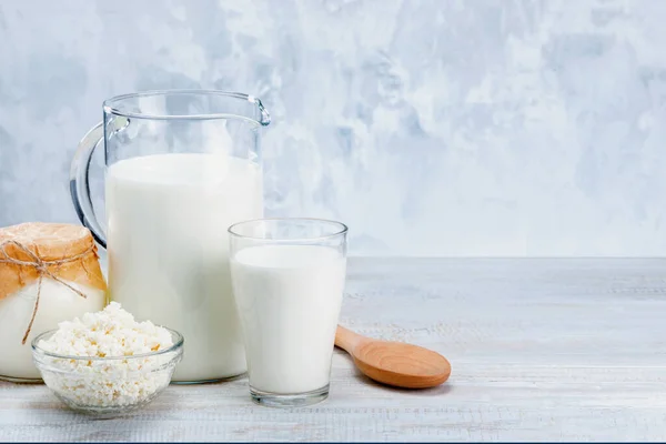 Assortment Dairy Products Wooden Table Copy Space — Stock Photo, Image