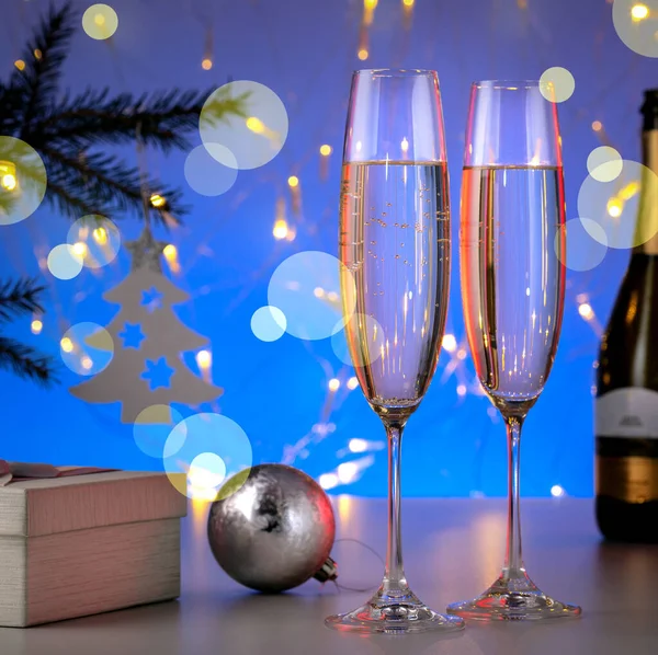 Verres Champagne Décorations Noël Joyeux Noël Bonne Année Concept — Photo