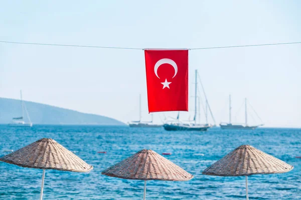 Turkije Vlag Prachtige Zeegezicht Achtergrond Vakantie Turkije Concept — Stockfoto