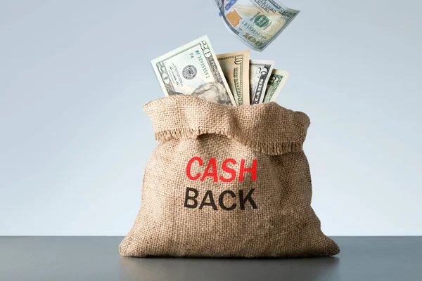 Burlap with cash back text and money dollars over gray background.