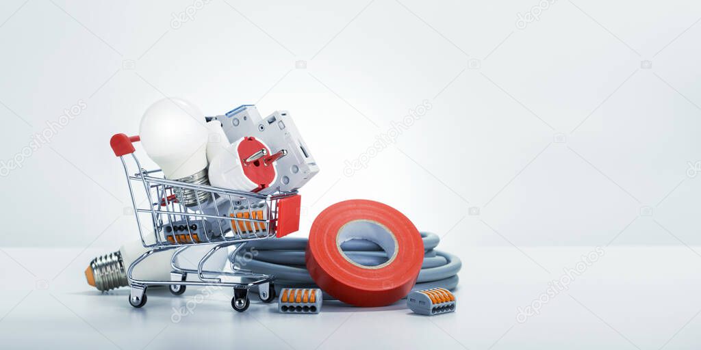 Electrical equipment on gray background. Banner. Delivery concept.