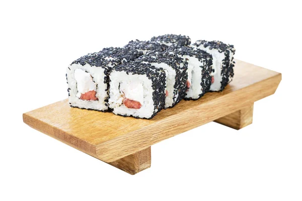 Delicious Sushi Rolls Shrimp Wooden Board Isolated White — Stock Photo, Image